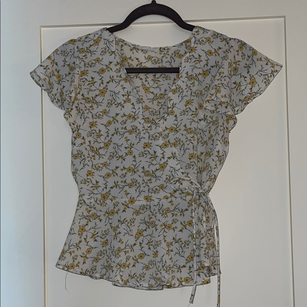 4 for $40 - Mine White and Yellow Wrap Tie Front Cap Sleeve Blouse